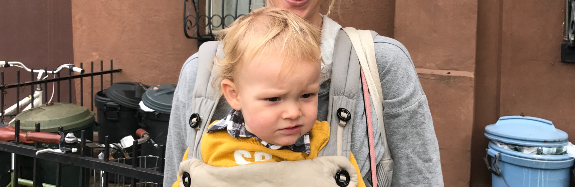toddler being held by mother in front facing carrier